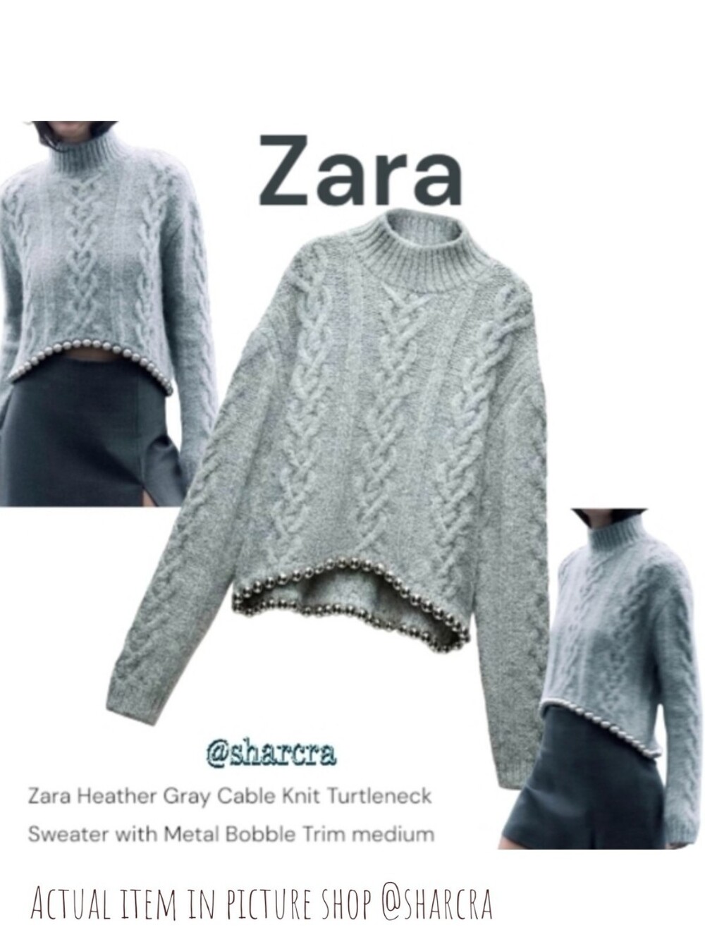 Zara Women's Cable Knit Mock neck Grey Sweater Silver Metal Bobble Trim M